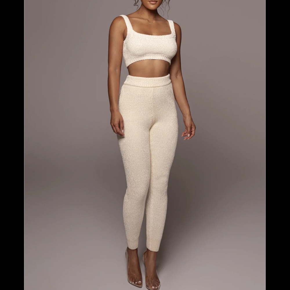 🆕JLUXLABEL SMALL OFF WHITE CHENILLE 2-PIECE LEGGINGS & CROP TOP SET SWEATPANTS